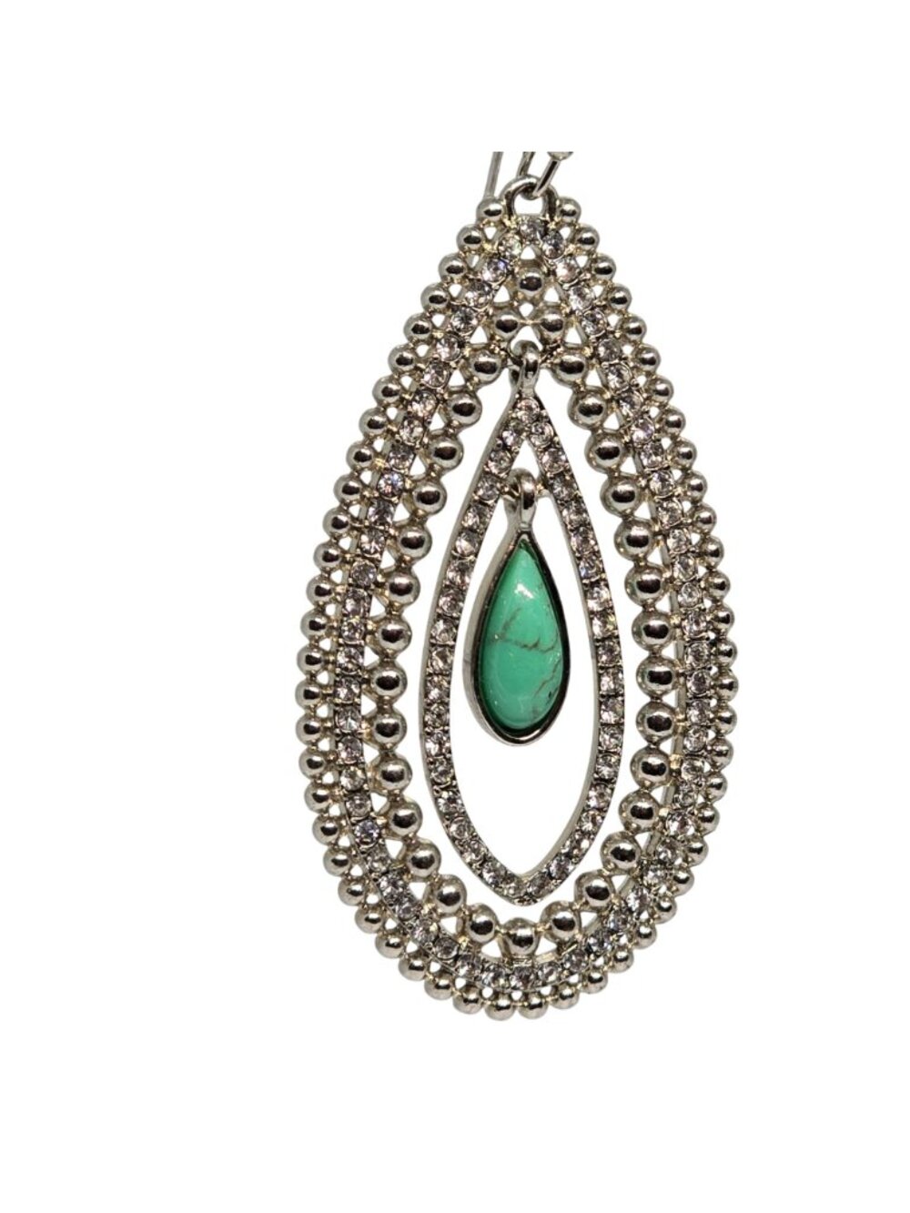 Silver‎ Tone Rhinestone Turquoise Teardrop Dangle Earrings Boho Western Chic - Picture 3 of 4